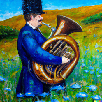 DALLE 2022 12 21 03.04.33 scottish man playing tuba on a meadow with blue flowers oil painting