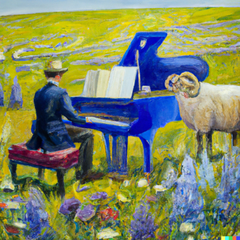 DALLE 2022 12 21 03.05.35 duet playing tuba and piano music on a meadow with blue flowers surrounded by sheep oil painting