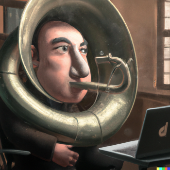 DALLE 2022 12 21 03.49.59 talking with a tuba via video conference digital art