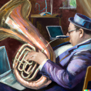 DALLE 2022 12 21 03.50.41 playing tuba in front of a computer oil painting