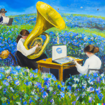 DALLE 2022 12 21 19.10.43 women with tuba in front of a desk with a computer on a meadow with blue flowers oil painting