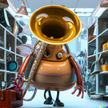 DALLE 2022 12 21 21.52.23 glossy tuba with eyes and legs walking through a store digital art