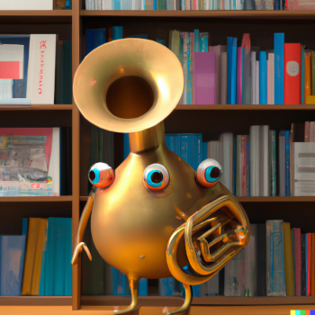 DALLE 2022 12 21 21.52.54 cute tuba made of glossy brass with eyes and legs walking through a book store digital art