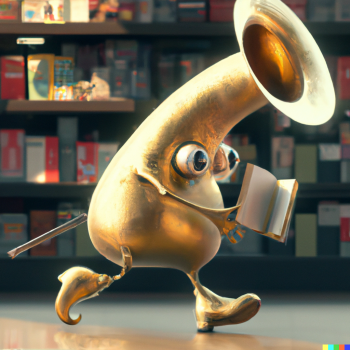 DALLE 2022 12 21 21.53.00 cute tuba made of glossy brass with eyes and legs walking through a book store digital art