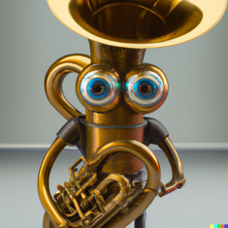 DALLE 2022 12 21 21.53.20 cute tuba made of glossy brass with eyes and legs at university digital art