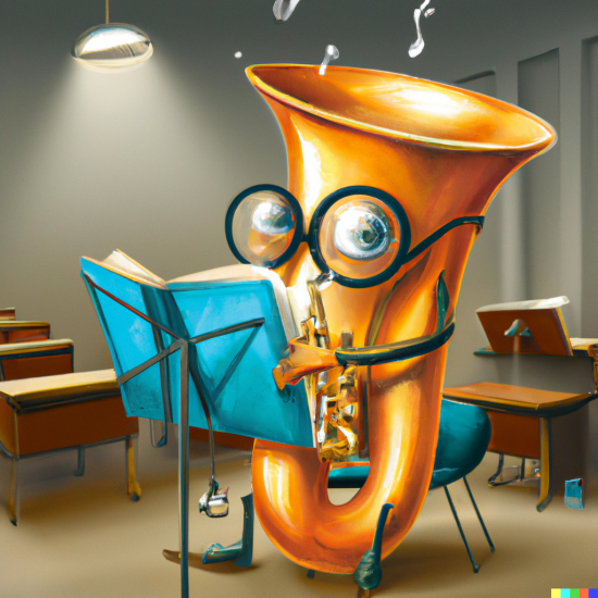 DALLE 2023 03 30 22.46.08 smart happy glossy tuba with eyes holding reading book in a music classroom digital art 