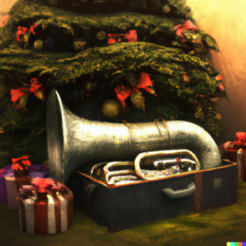 DALLE 2022 12 21 20.41.09 tuba in a gift box under the christmas tree digital art