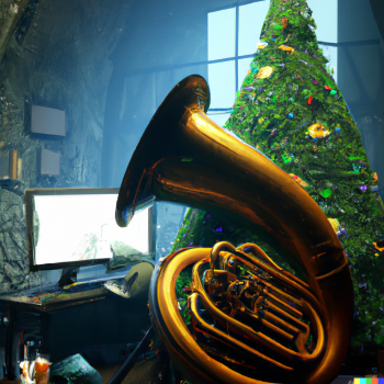 DALLE 2022 12 21 20.42.27 monitor and a tuba in front of a christmas tree digital art