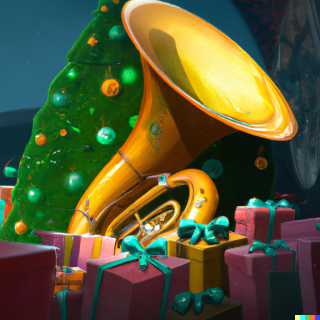 DALLE 2022 12 21 20.41.26 tuba in a gift box under the christmas tree digital art