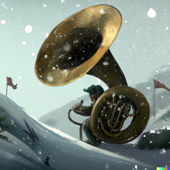 DALLE 2022 12 21 23.39.04 practising tuba on top of a mountain during snow storm digital art 