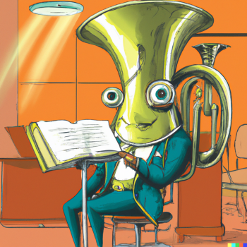 DALLE 2023 07 30 13.27.13 smart happy glossy tuba with eyes holding reading a music book in a music classroom digital art 